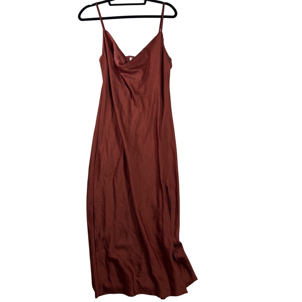 Justify Rust Brown Cowl Neck Satin Midi Slip Dress with Side Slit Size L NEW